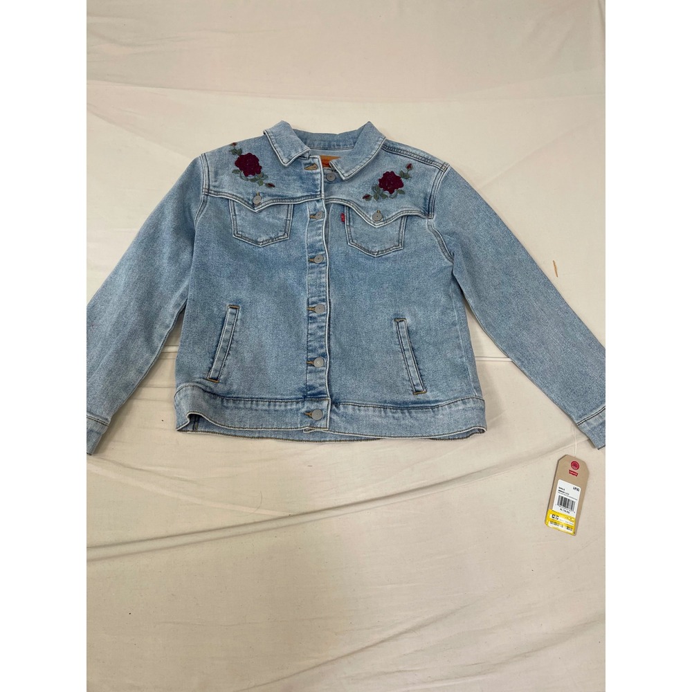 Levis Girls Trucker Jacket Light Wash Denim Rose Floral Embroidered XL 12-15Y